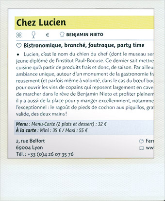 Critique restaurant Chez Lucien à Lyon dans le guide Origine Nature 2018